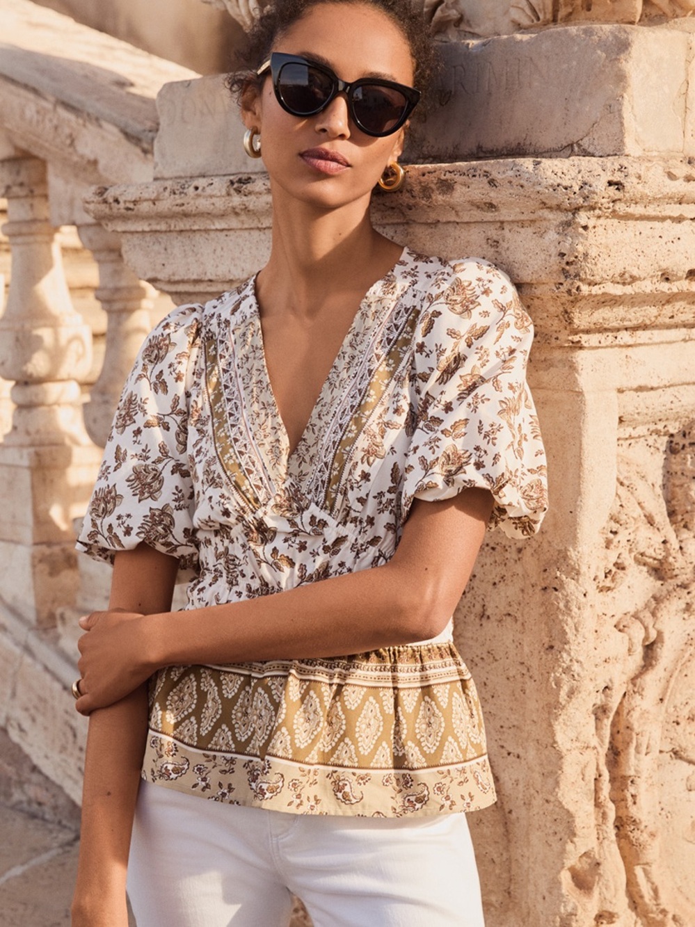 LOFT Floral Peasant Bohemian Floral Blouse with Bubble Sleeves